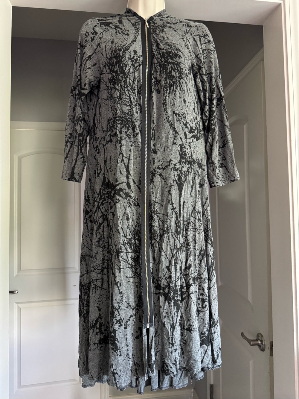 Comfy USA Gray Black Abstract Print Zip Front Duster Jacket Lagenlook M USA